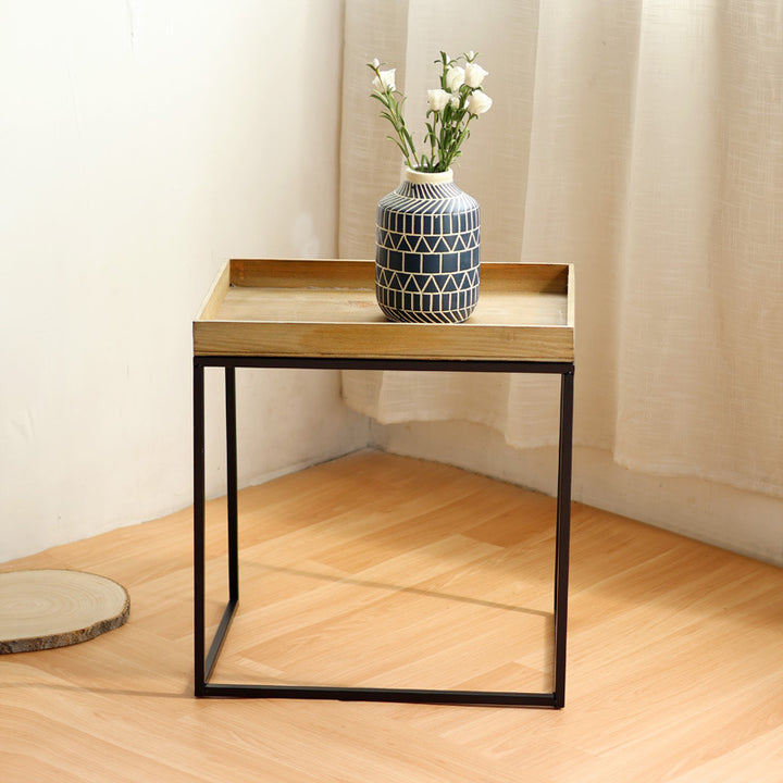 Modern side table with protected wooden tray