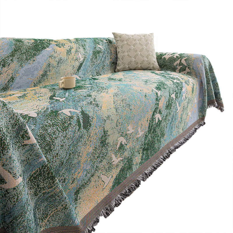 Reversible Jacquard Woven Seagull-Pattern Fringed Sofa Throw Cover