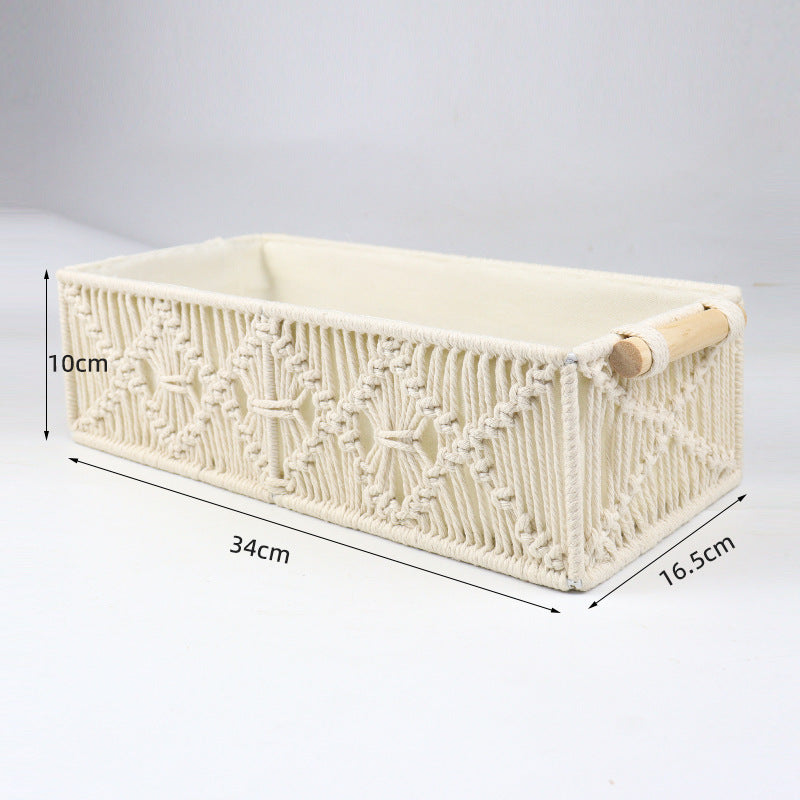 Storage basket with macrame pattern