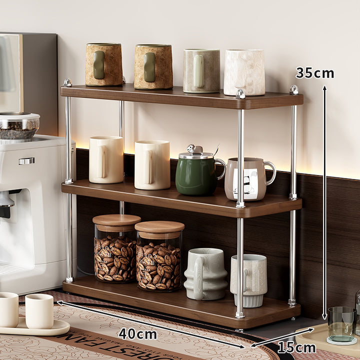 Compact Three-Tier Countertop Wooden Kitchen Shelf Organizer with Metal Rod Supports
