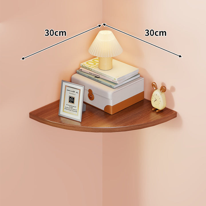Corner Wall-Mounted Floating Shelf with Rounded Triangular Solid Wood Top and Metal Support Brackets