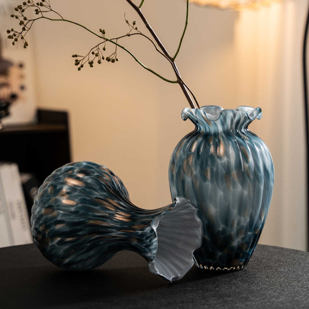 Hand-Blown Textured Swirl Bud Vase with Ruffled Flared Neck