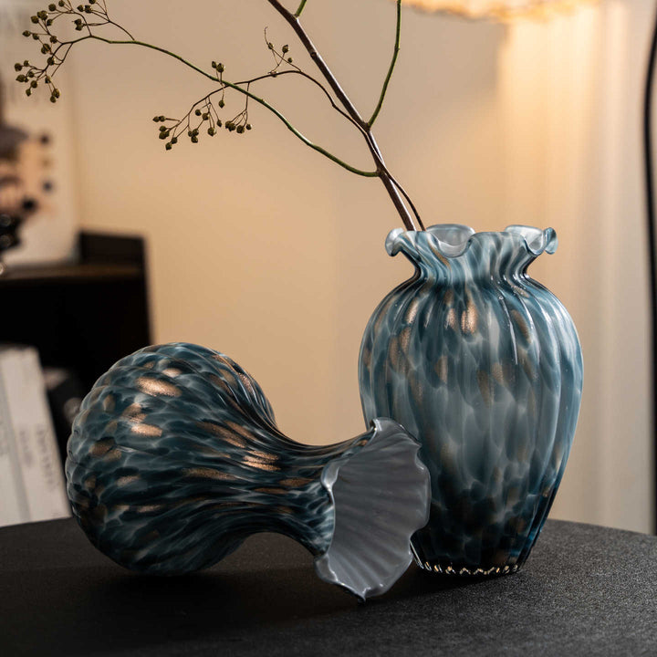 Hand-Blown Textured Swirl Bud Vase with Ruffled Flared Neck