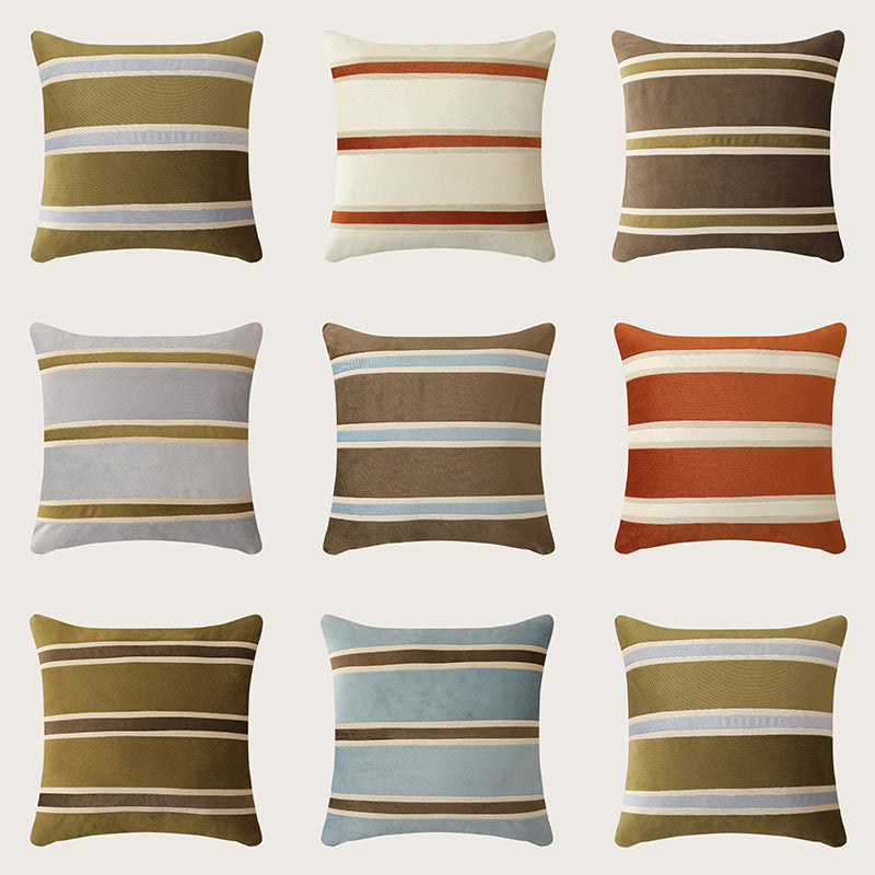 Square velvet decorative pillow with woven stripes and concealed zipper