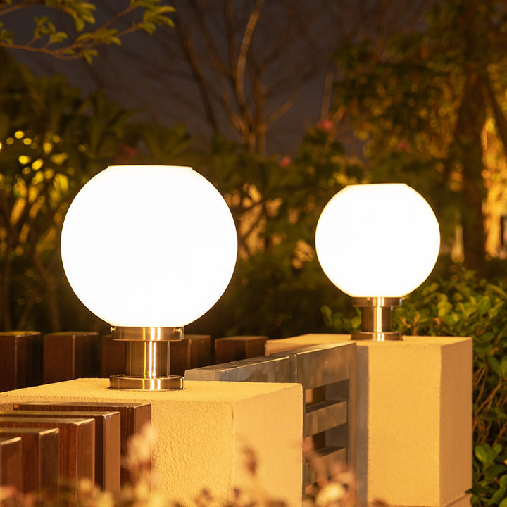 Outdoor Spherical Opal Glass Column Post Light with Brushed Stainless Steel Base