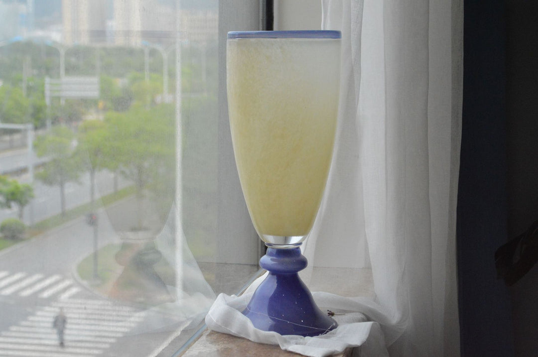 Tall Hand-Blown Fluted Glass Vase with Ruffled Rim & Rounded Pedestal Base