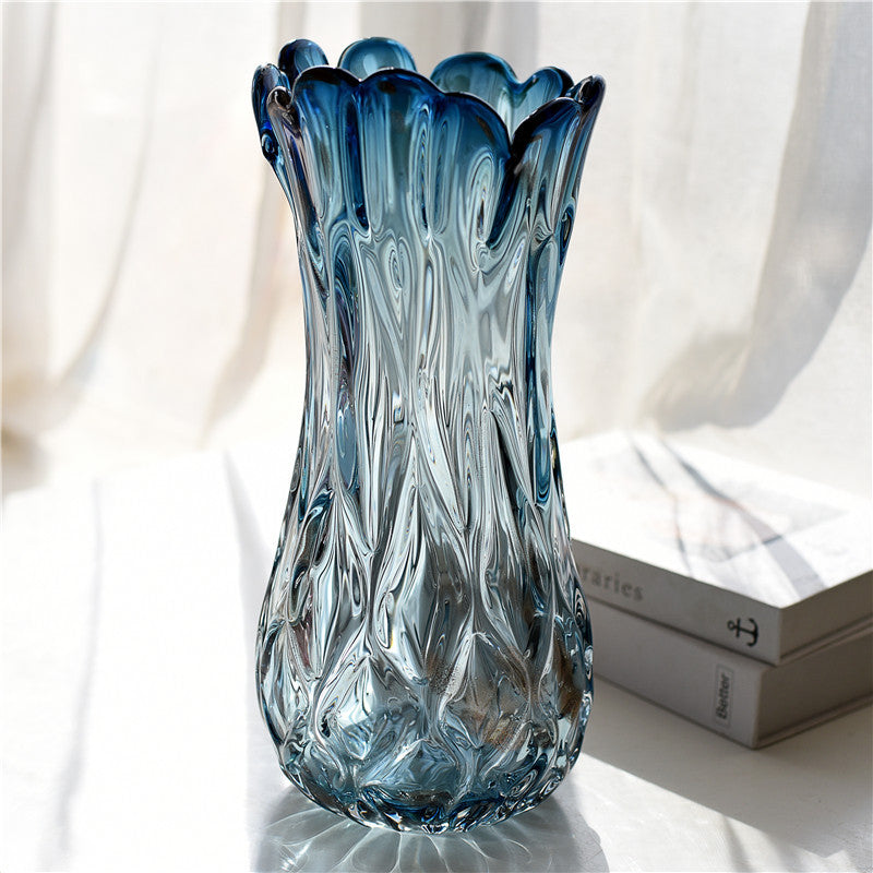 Hand-Blown Ruffled-Rim Swirled Glass Bulbous Tall Centerpiece Vase