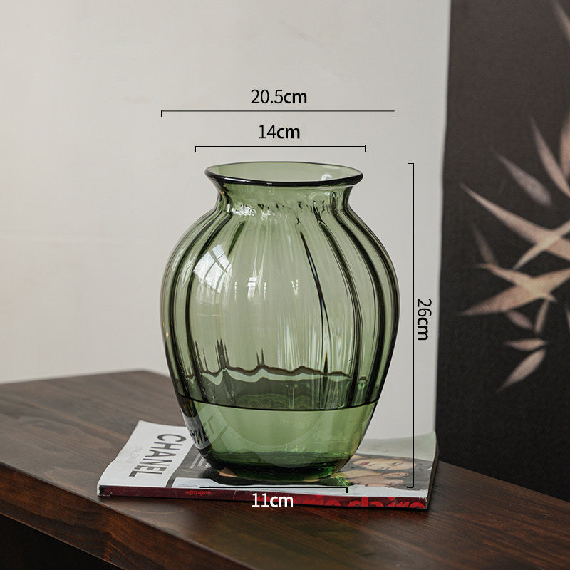 Compact Ribbed Hand-Blown Glass Tabletop Vase