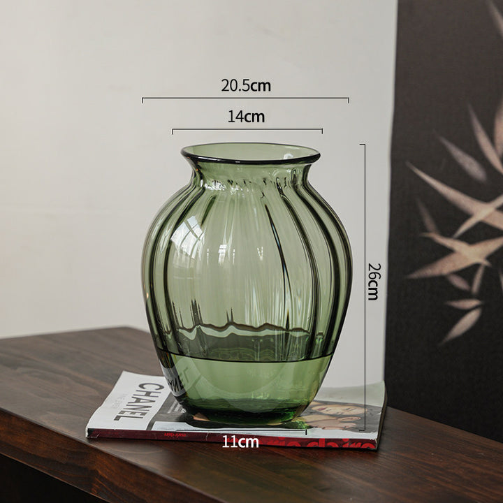 Compact Ribbed Hand-Blown Glass Tabletop Vase