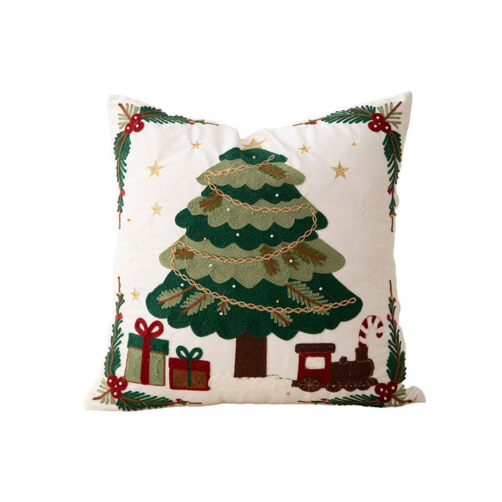 Festive embroidered decorative pillow with reindeer motif and removable cover
