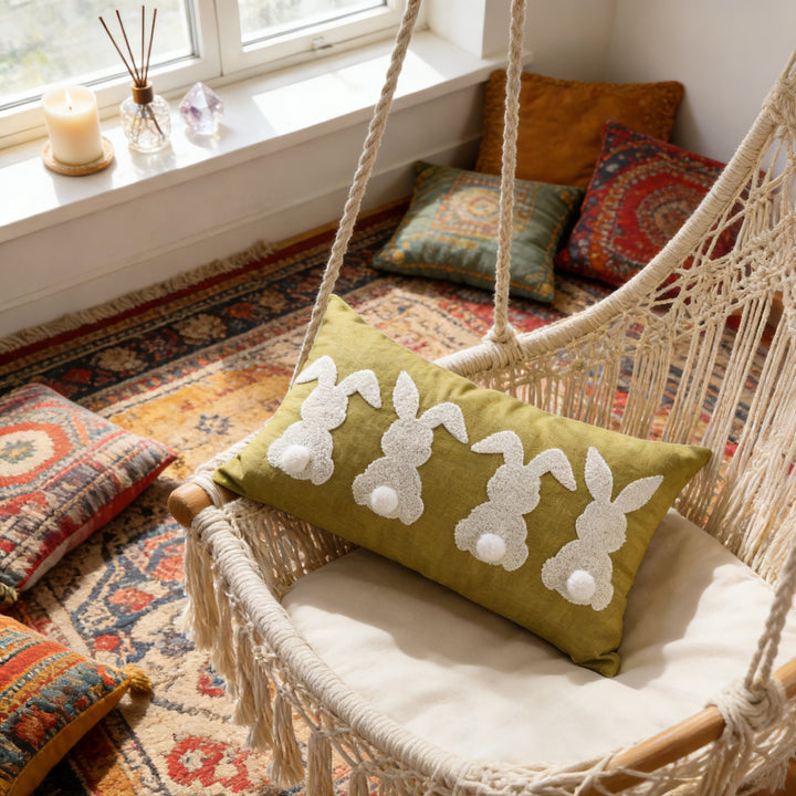 Tufted Bunny Appliqué Lumbar Throw Pillow Cover with Pom-Pom Tail