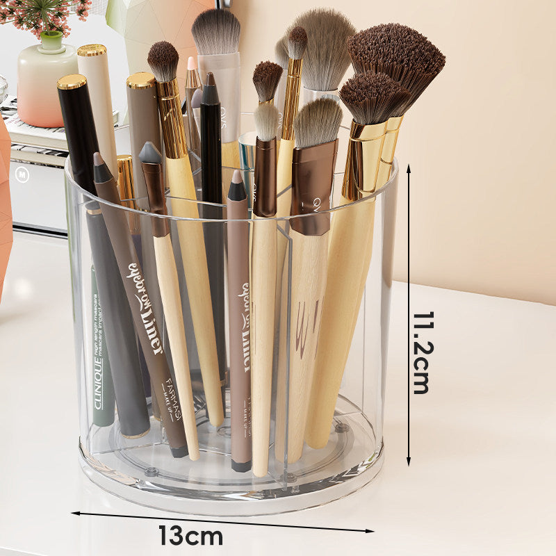 Rotating Clear Acrylic Makeup Brush and Cosmetic Organizer with Multi-Compartment Dividers