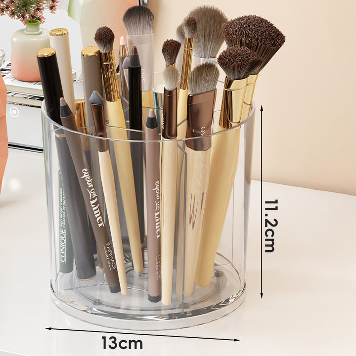 Rotating Clear Acrylic Makeup Brush and Cosmetic Organizer with Multi-Compartment Dividers