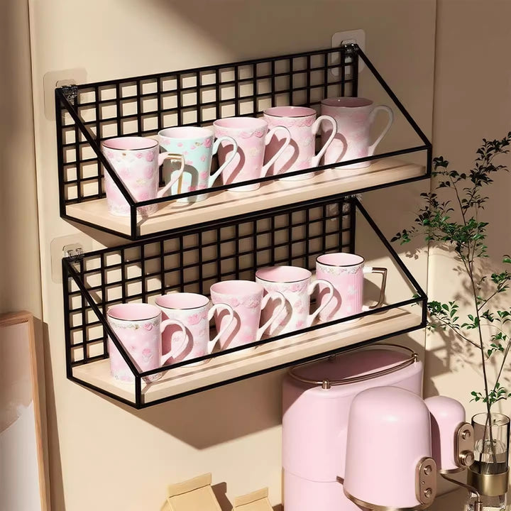 Ventilated Grid Wall Shelf with Wood-Look Tray and Clear Suction Mounts