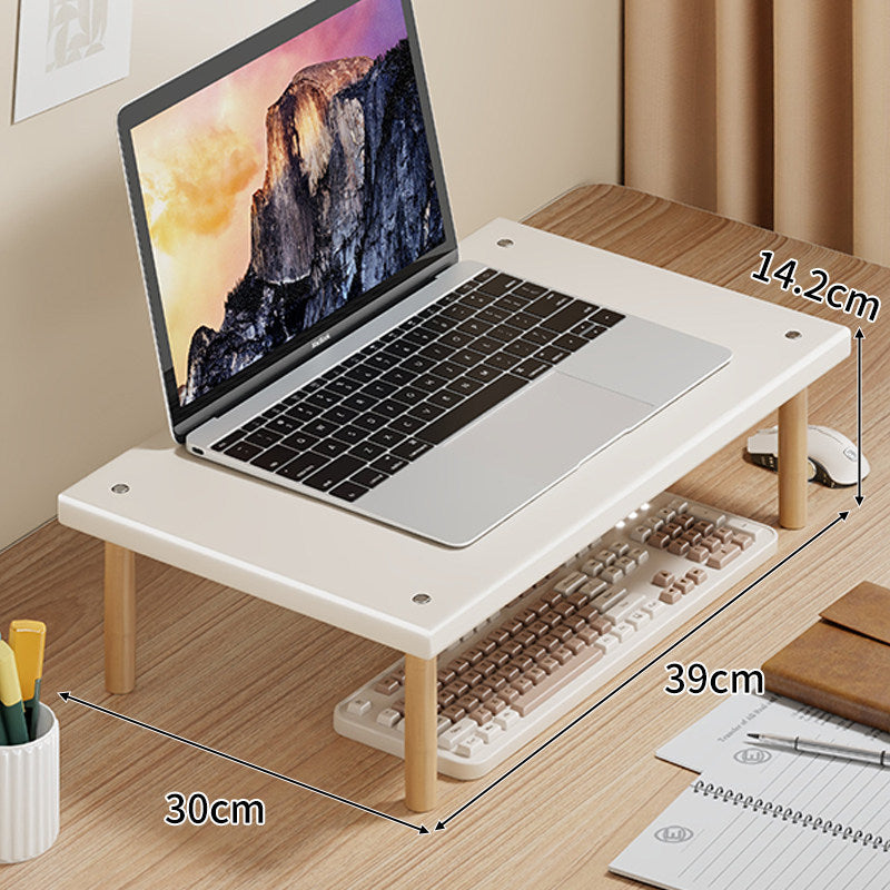 Compact Desktop Laptop and Monitor Riser with Under-Keyboard Storage and Wood Legs
