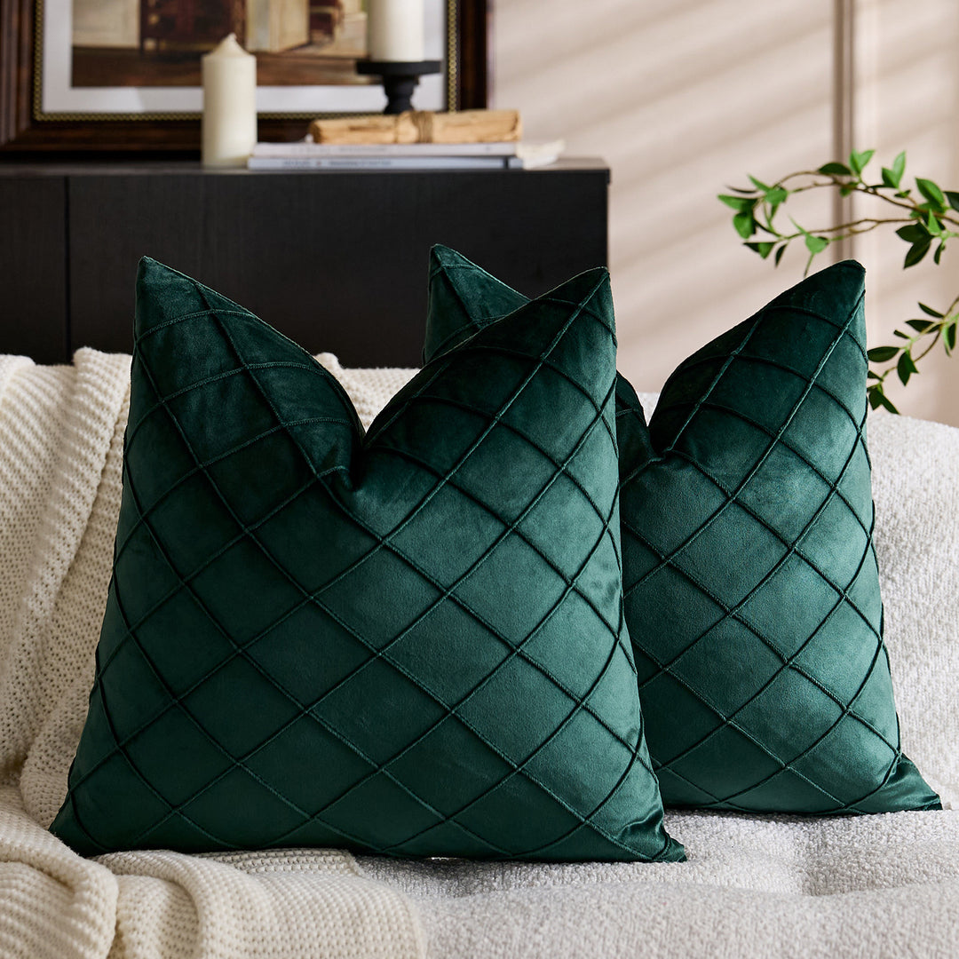 Quilted Diamond Velvet Throw Pillow Cover with Hidden Zipper and Plush Insert Support