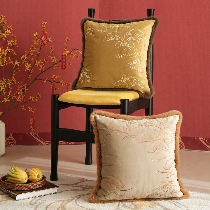 Square velvet cushion cover with intricate embroidery and faux fur trim