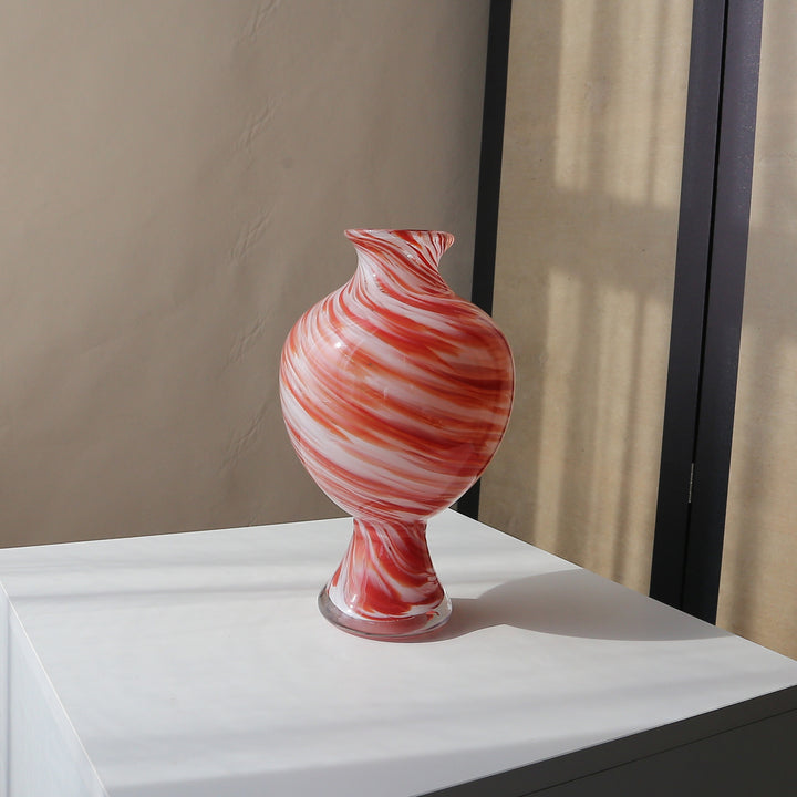 Hand-Blown Swirl-Textured Bulbous Glass Decorative Vase