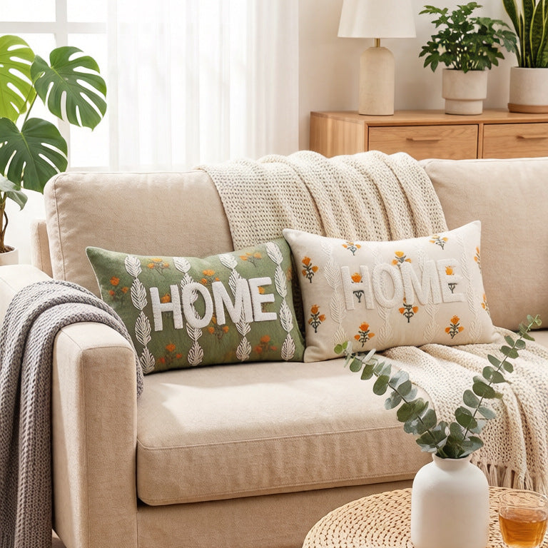 Embroidered Textured Lumbar Throw Pillow with HOME Lettering and Leaf Motif