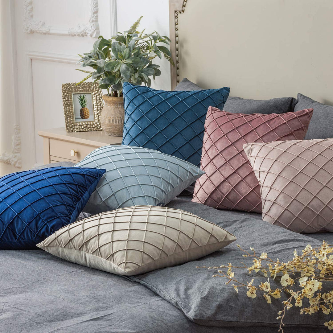 Quilted Diamond Velvet Throw Pillow Cover with Hidden Zipper and Plush Insert Support