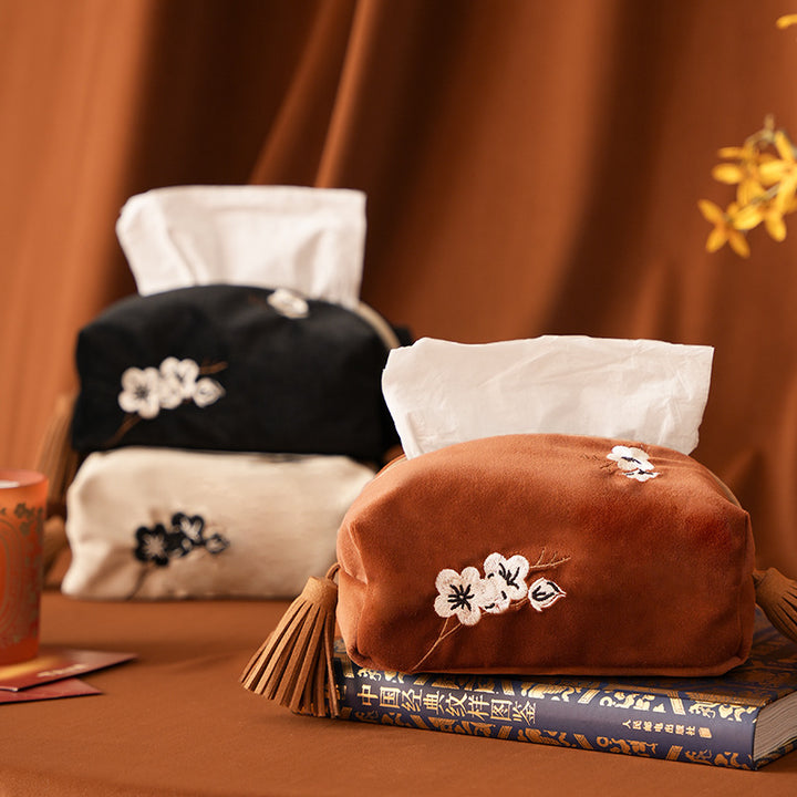 Embroidered tissue box cover made of velvet with tassels