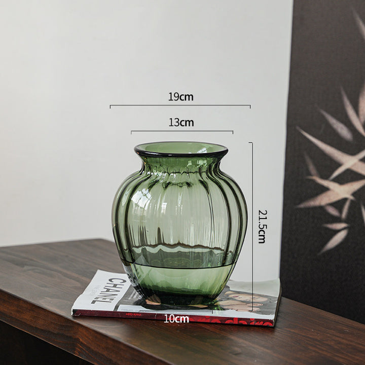 Compact Ribbed Hand-Blown Glass Tabletop Vase
