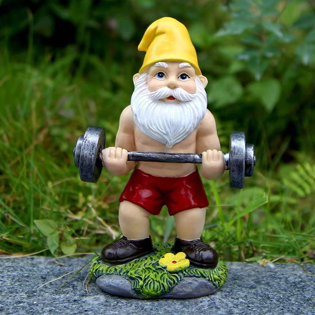 Playful Weightlifting Gnome Figurine