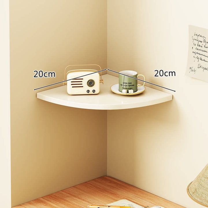 Corner Floating Wall Shelf with Curved Triangular Wooden Top and Heavy-Duty Metal Brackets