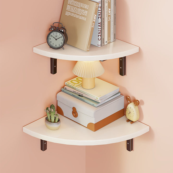 Corner Wall-Mounted Floating Shelf with Rounded Triangular Solid Wood Top and Metal Support Brackets