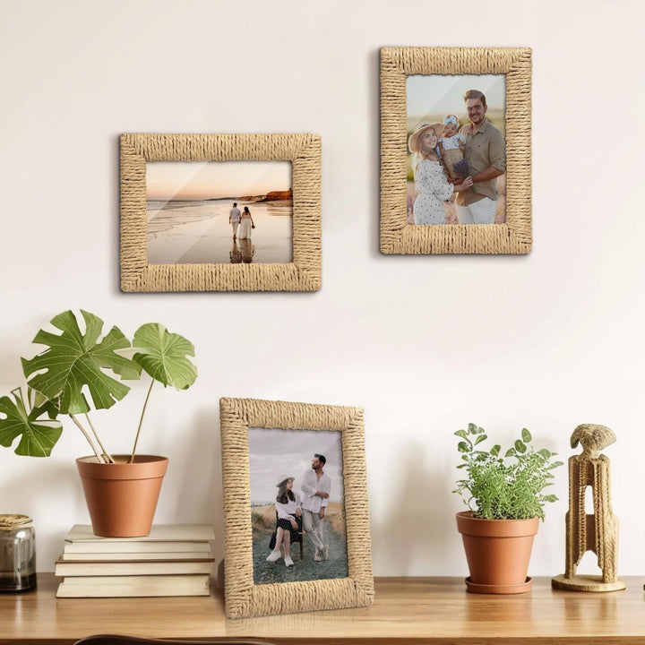 Artful picture frame made of woven natural material