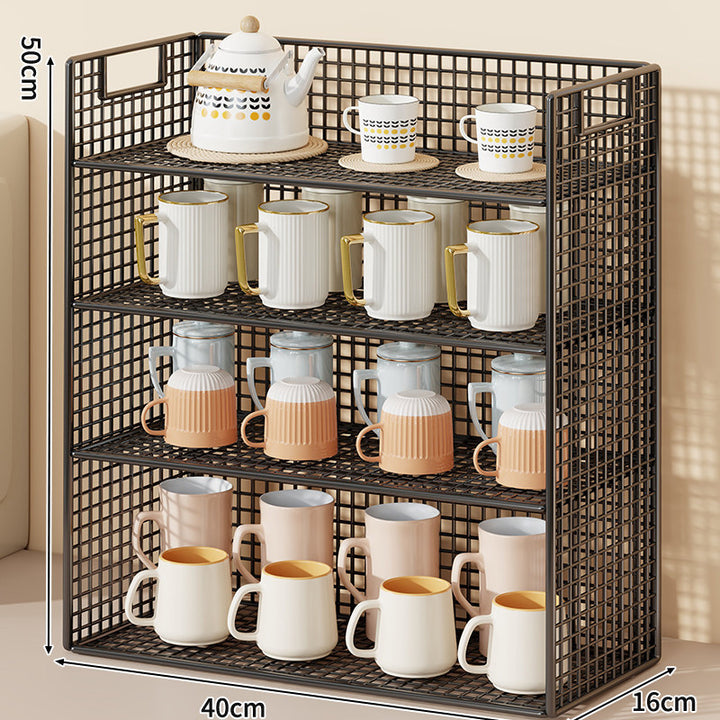 Three-Tier Wire Grid Countertop Display Shelf with Faux-Wood Removable Trays