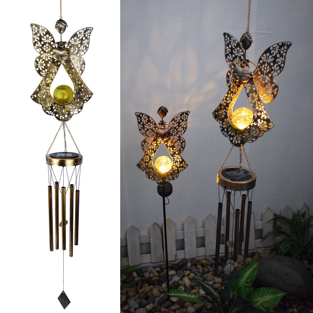 Hanging Flamingo Solar LED Wind Chime with Crackle Glass Globe