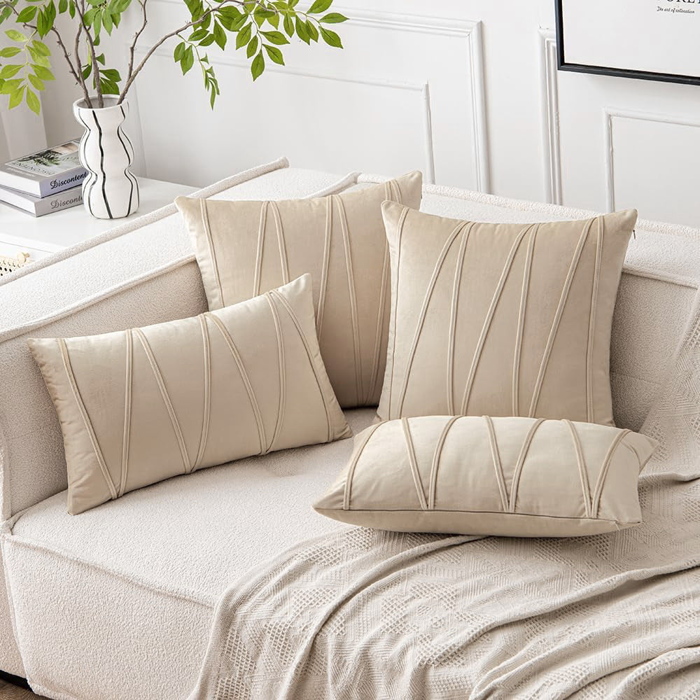 Velvet Pleated Square Decorative Throw Pillow Covers with Channel Stitching