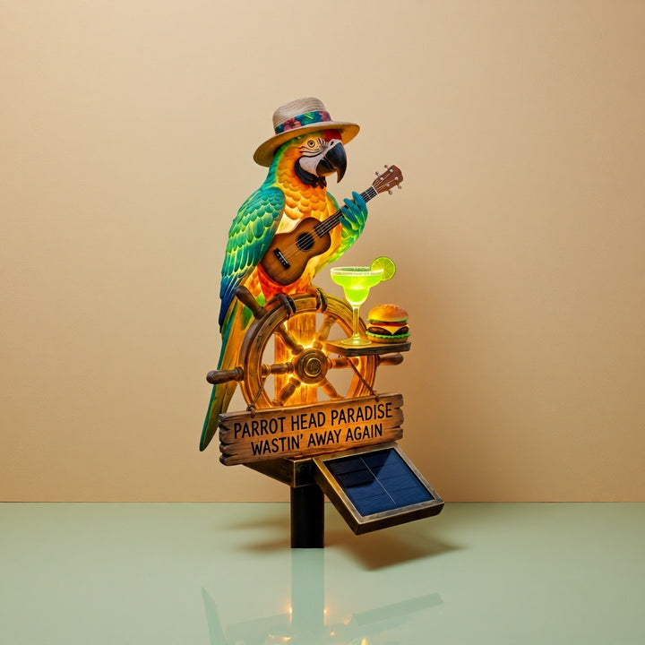 Decorative figure of a funny parrot with drink and guitar
