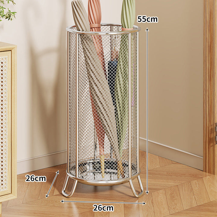 Cylindrical Mesh Umbrella Stand with Elevated Legs and Drain Tray