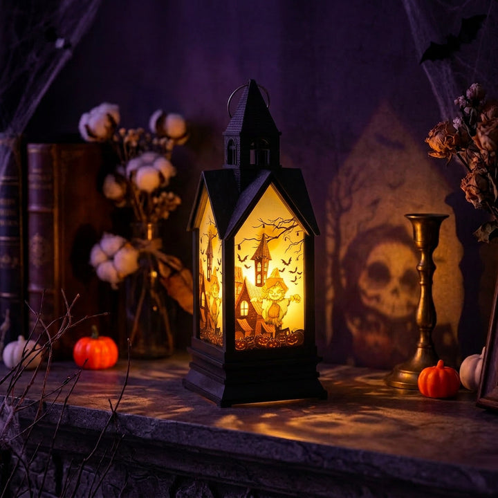 Halloween-themed LED Decorative Lantern with Silhouette Witch Pumpkin Ghost Scene