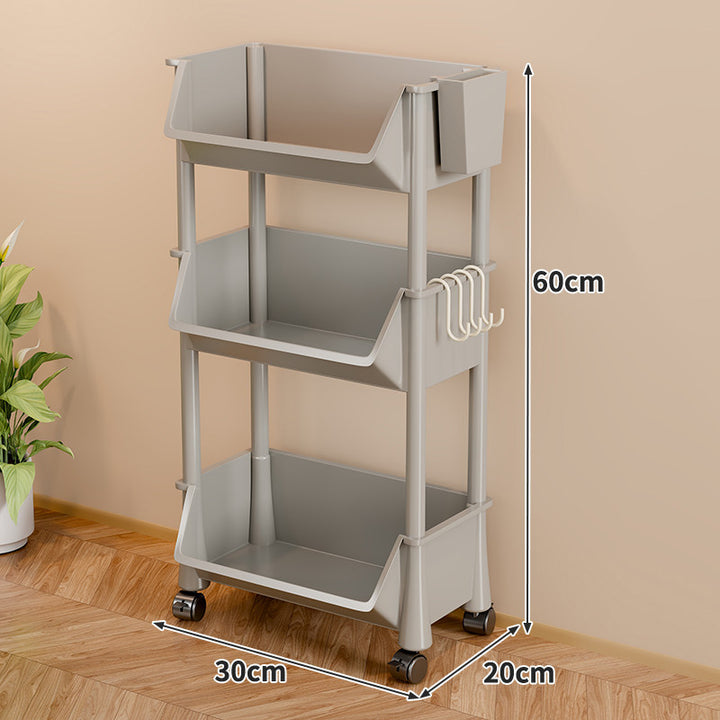 Slim Vertical Four-Bin Rolling Storage Tower with Deep Angled Bins and Side Hook