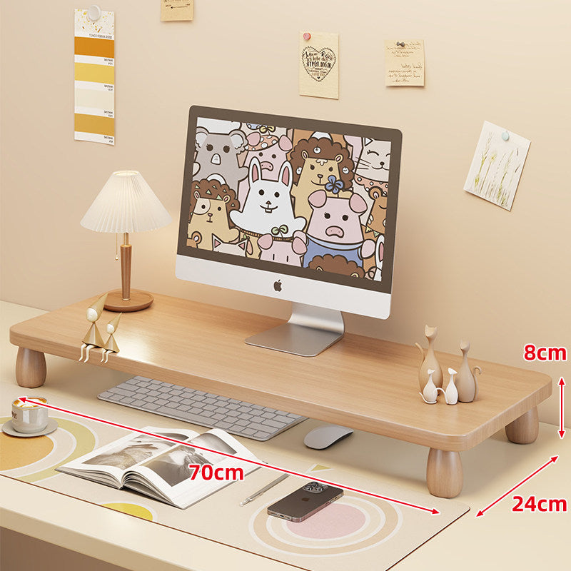 Low-Profile Ergonomic Wooden Desktop Monitor Lift with Under-Shelf Keyboard Storage