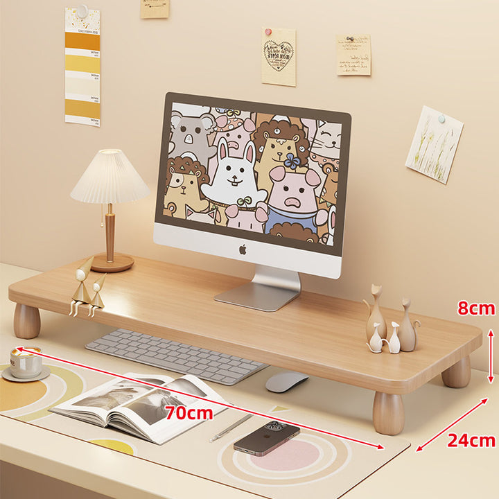 Low-Profile Ergonomic Wooden Desktop Monitor Lift with Under-Shelf Keyboard Storage
