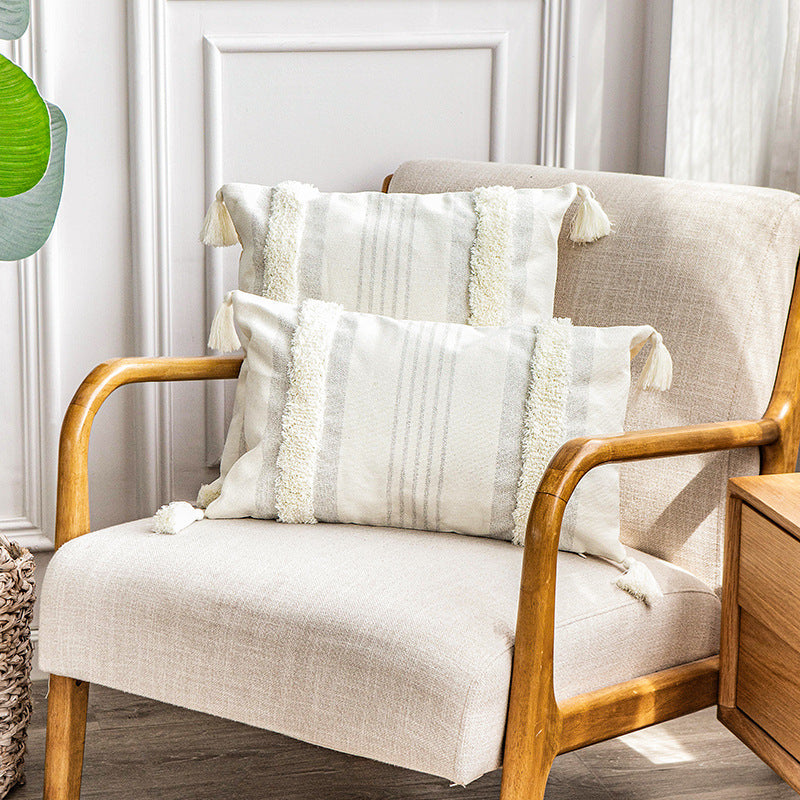 Square cotton pillow cover with fringe tassels and textured chenille stripes