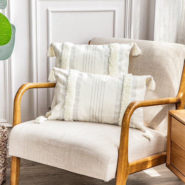 Square cotton pillow cover with fringe tassels and textured chenille stripes