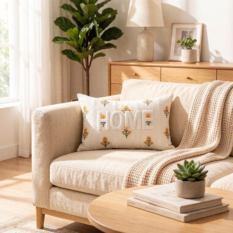 Embroidered Textured Lumbar Throw Pillow with HOME Lettering and Leaf Motif