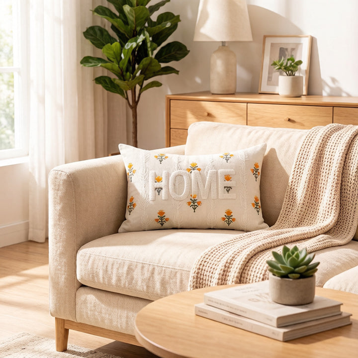 Embroidered Textured Lumbar Throw Pillow with HOME Lettering and Leaf Motif