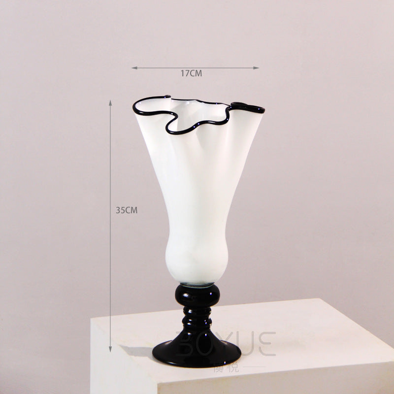 Tall Hand-Blown Fluted Glass Vase with Ruffled Rim & Rounded Pedestal Base