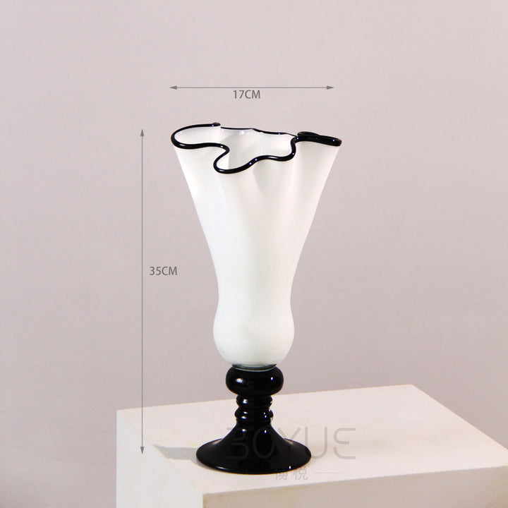 Tall Hand-Blown Fluted Glass Vase with Ruffled Rim & Rounded Pedestal Base