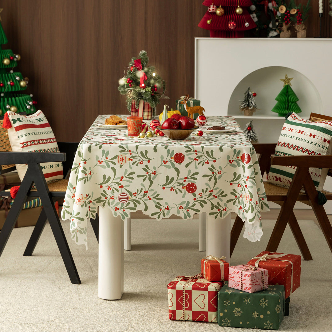 Festive rectangular tablecloth with mistletoe and Christmas ornament motif