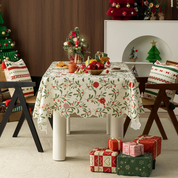 Festive rectangular tablecloth with mistletoe and Christmas ornament motif