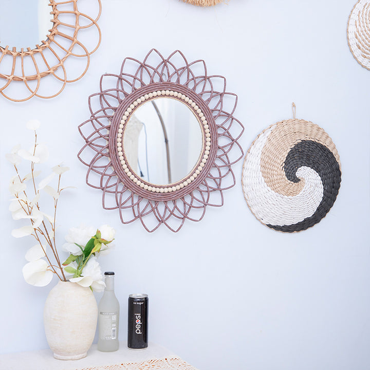 Decorative wall mirror with rattan frame