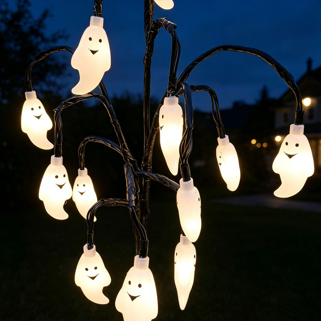 Battery-operated animated bat and spider LED string lights for outdoor Halloween display