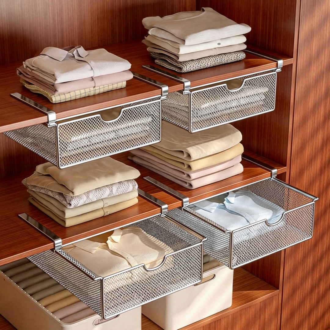 Under-Shelf Sliding Mesh Storage Drawer Organizer for Closet and Wardrobe